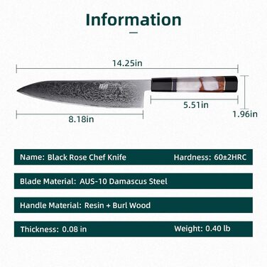 Японський ніж Kiritsuke FINDKING 9 дюймів (8 дюймів), Damast, для професійних та домашніх кухарів (серія BLACK-ROSE)