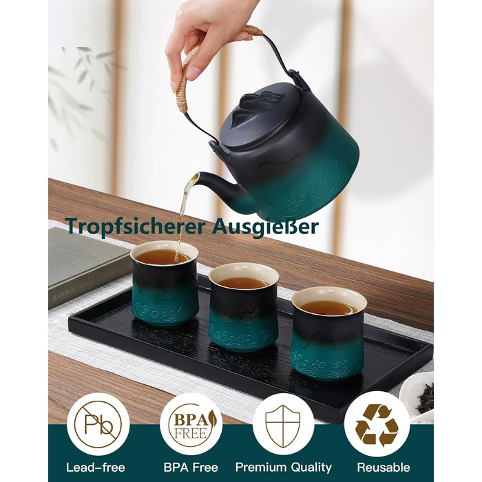 ZENS Design Japanese Teapot, 1000ml Gradient Embossed Japanese Ceramic Teapot with Built-in Strainer and Hemp Rope Handle for Loose Leaf Tea Steeper, Gift for Tea Lovers, Black & Bean Green (Black & Green, 1000ml Teapot & 4 of 200ml Cups)