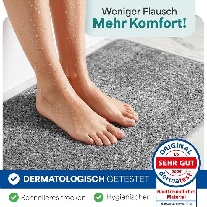 Гігієнічний килимок для ванної кімнати 90x60 см, протиковзкий та вологопоглинаючий дівір для душу, що швидко сохне, світло-сірий