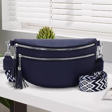 Сумка поясна жіноча бежева через плече кросбоді середнього розміру з відділенням для карток та 2 ремінцями, жіноча сумка (Темно-синя)