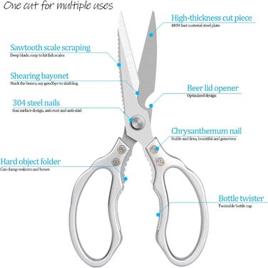 Ніж-ножиці кухонні з нержавіючої сталі, універсальні, з відкривачем для пляшок, для птиці, риби, м'яса, зелені, горіхів, миються в посудомийній машині, сріблясті