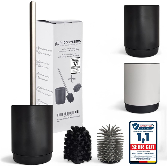 Торцева щітка для унітазу з нержавіючою ручкою - комплект з 2 насадками для ванної кімнати. Стійка, кругла щітка для туалету. Гігієнічна, антибактеріальна (чорний)