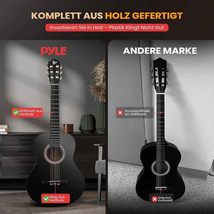 Акустична гітара Pyle для дітей та початківців, ½ розміру, з аксесуарами (сумка, тюнер, медіатор), чорна матова, 76 см