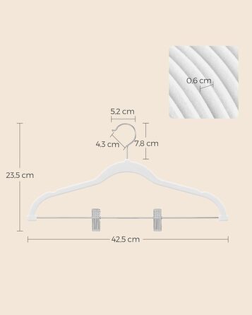 SONGMICS Velvet Clothes Hangers, 20-Piece Set, Pant Hangers, 42.5 cm Long, with Adjustable Clips, Non-Slip, Space-Saving, for Pants, Coats, Dresses, White CRF012W20