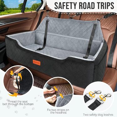 Автокрісло для собак великих порід (до 45 кг), миється, з двома страхувальними ременями, підходить для 2 середніх собак, чорний/сірий