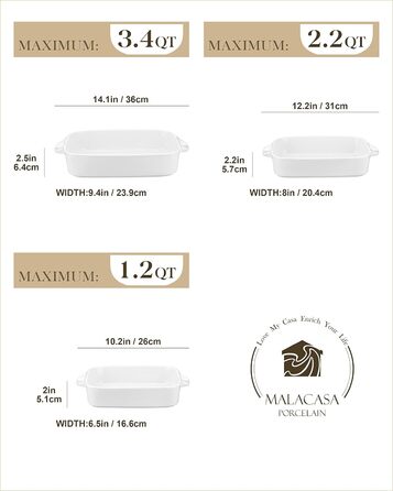 Форма для запікання MALACASA Bake (набір 3 шт.): 26 см, 31 см, 36 см - Біла кераміка для духовки