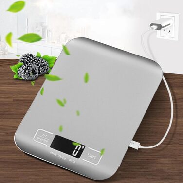 Цифрова кухонна вага, 10 кг/1 г, USB, акумулятор, LCD дисплей, функція тарування - срібно-білий