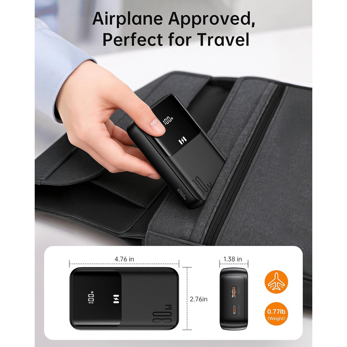 Power Bank Selore&S 20000mAh 30W з USB-C, LED дисплеєм та 4 виходами. Чорний. Сумісний з iPhone, MacBook, iPad, Samsung Galaxy