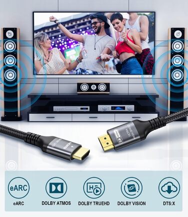 HDMI 2.1 кабель Adauxter 2 метри: 8K, 48Gbps, eARC, HDCP2.3, HDR10+, для PS5, X-Box, PC, TV, монітор