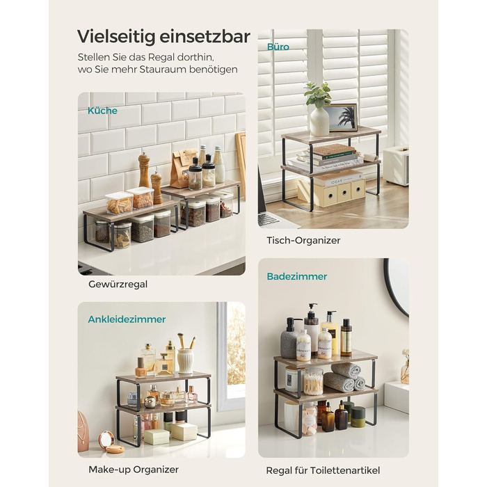SONGMICS Spice Rack, 4-Piece Set, Kitchen Shelf, Kitchen Organizer, Expandable, Spice Holder, Stackable, with Metal Frame, 19.5 x 29.7 x 15.8 cm, Ink Black + Natural Beige KCS10NB (Ink Black + Greige Melange, 39.7B cm)
