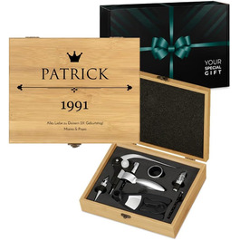 Maverton Wine Opener Set Personalized Wine Set Sommelier Set - Gift Box Wooden Box + 6-Piece Wine Accessory Set - Made of Bamboo - Brown - Birthday Gift for Men - (King)