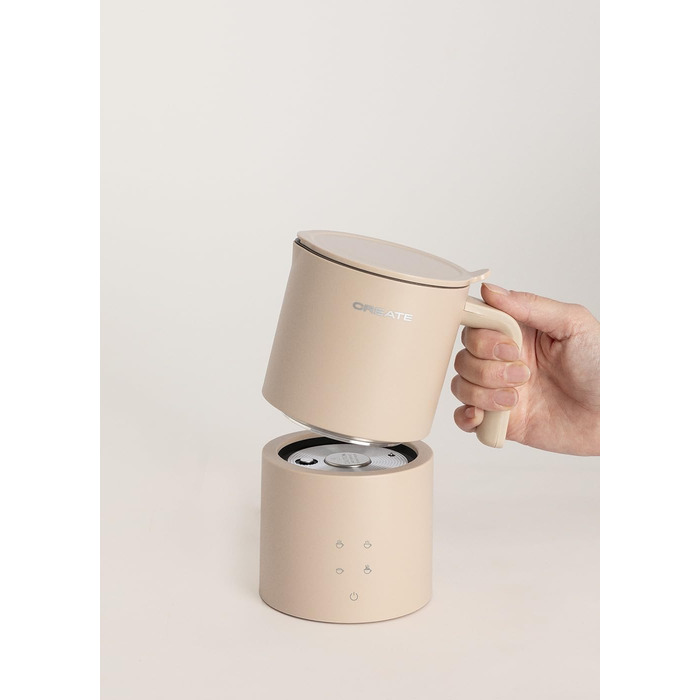 Електричний спінювач молока MilkFrother Cremeweiß з сенсорним екраном, 4 автоматичні програми, система безпеки, 350 мл, для гарячих та холодних напоїв, 400W (пісочний колір)