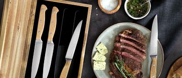 SPRINGLANE Steak Knife Set, 4 Pieces with Elegant Olive Wood Handles, Cutlery Set with Wooden Handles, 12.5 cm Blade Length Made of German Steel, including Gift Box