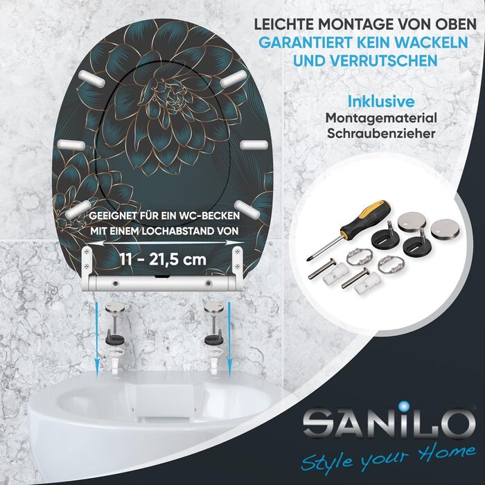 Сидіння для унітаза Sanilo з мікроліфтом (м'яке закриття), стійкі петлі, легкий монтаж, принт Dahlien