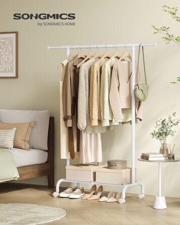 SONGMICS Clothes Rack with Wheels, Extendable Clothes Rod, Clothes Rail from Steel Pipes, Elevated Storage Rod, 40 x (83-120) x 156 cm, Cloud White HSR134W01