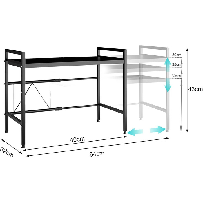 Регульована підставка для мікрохвильової печі, 2-ярусна розширювана, з вуглецевої сталі, з 8 гачками, (2 шт., чорний)