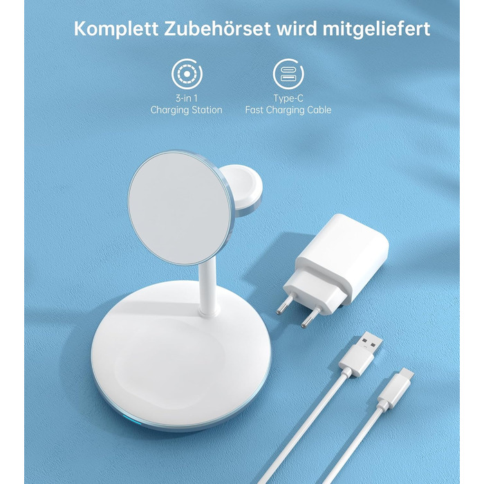 3-в-1 Індукційна зарядка для декількох пристроїв: iPhone 15/14, iWatch, AirPods, білий (блакитний)