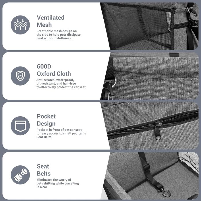 Автокрісло для собак на заднє сидіння, Oxford, дихаючий матеріал, миється, для собак маленьких та середніх порід, темно-сірий
