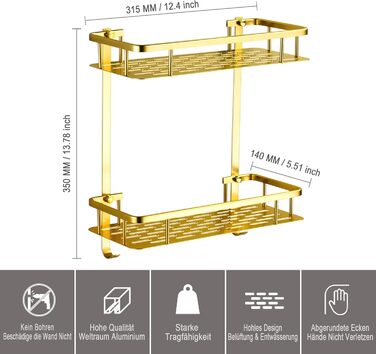 Maifey Shower Shelf Gold, Shower Caddy No Drilling Bathroom Shelf Made of Metal Wall Shelf Shower Basket, Stainless Steel, Adhesive Installation (2 Tier, Light Gold)