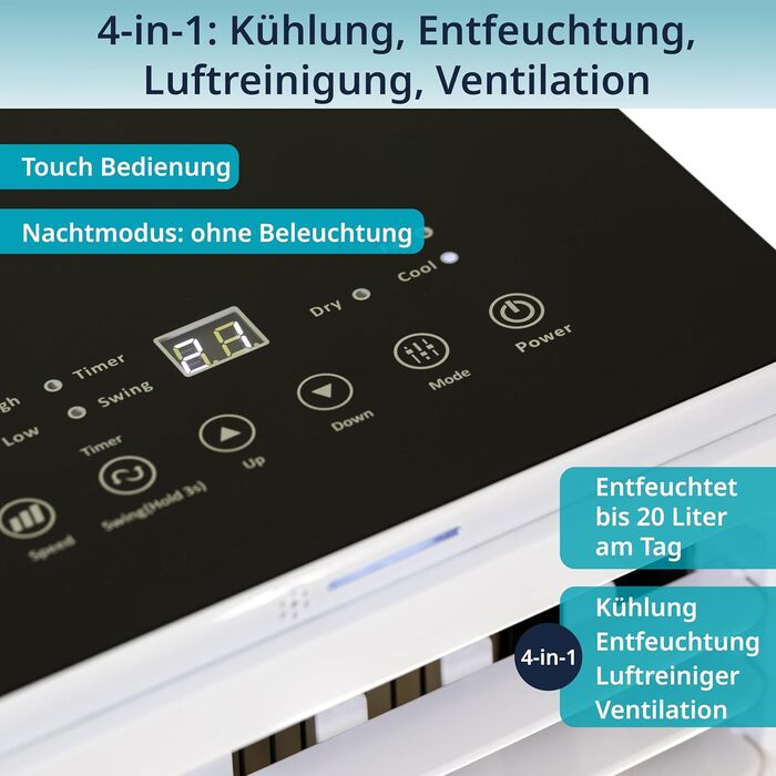 Мобільний кондиціонер Könighaus Smart | 7000 BTU (2,1 кВт) | 4-в-1: охолодження, осушувач, вентилятор, очищувач повітря | Керування через пульт та Alexa