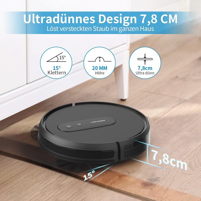 Робот-пилосос AIRROBO Saugroboter P25: потужність 2800 Pa, керування через додаток, 120 хв роботи, для твердих поверхонь, килимів та шерсті тварин