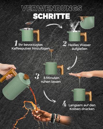 Френч-прес Poliviar 1 л / 8 чашок, з подвійними стінками, ізольований, для кави та чаю, з дерев'яною ручкою, Flatland (зелений)