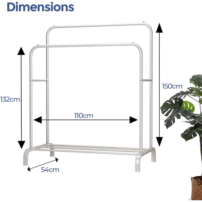 edihome Clothes Rack, Clothes Rail, Double, 110 x 150 x 54 cm, Shoe Rack, Metallic, Stable, Clothes Organizer (White)