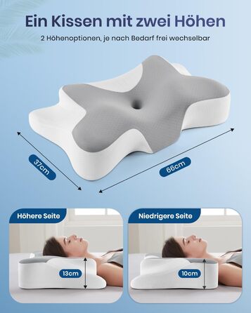 Подушка для шиї DONAMA з піни Memory Foam: ергономічна, з підлокітниками, охолоджуюча, 6 зон підтримки, для сну в будь-якій позі (сіро-біла, 66x37x13 см)