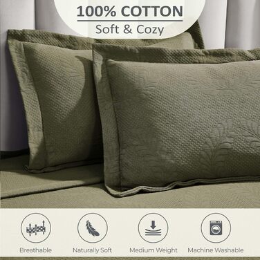 Комплект покривала на ліжко з жаккарда з квітковим орнаментом Fleur de Lis, 100% бавовна, розмір Queen, оливковий зелений