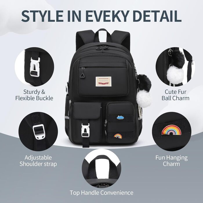 Дитячий рюкзак для підлітка: для школи, ноутбука, подорожей (17 дюймів, чорний)