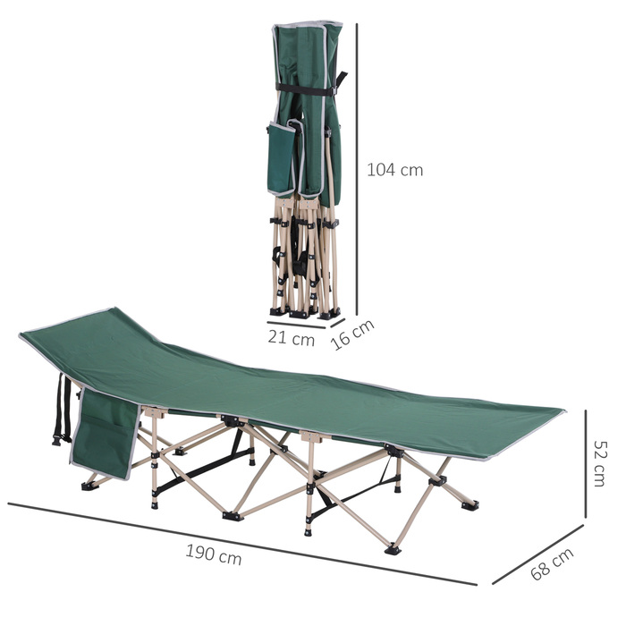 Outsunny Folding Cot with Storage Bag, Foldable Camping Bed, Camping Lounger, Includes Carry Bag, Steel Oxford Fabric, Green, 190 x 68 x 52 cm | Aosom