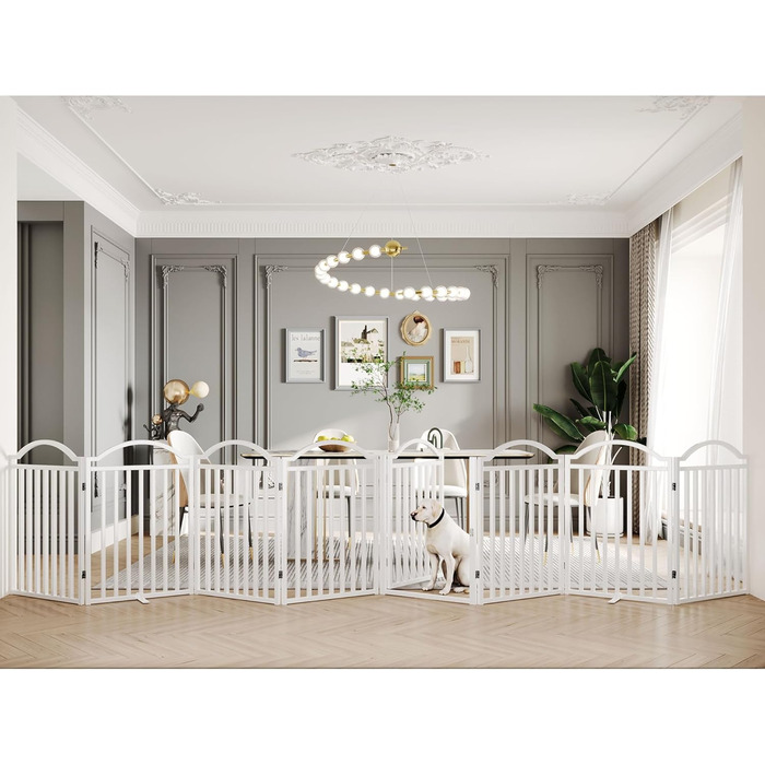 Металеві ворота для собак BHG, без монтажу, з дверцятами, широкі, 243,8 см, високі, 81,3 см, аккордеон, 8 панелей, білий, для дому та саду