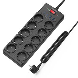 Мережний фільтр IECOPOWER на 10 розеток з USB (PD 20W, 2x USB-C, 2x USB-A), захист від перенапруги 4000W/16A, 1050J, з вимикачем, кабель 2м, чорний