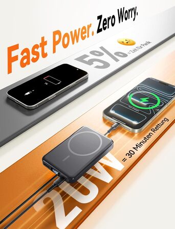 Power Bank MagSafe 10000mAh Сірий: Бездротовий магнітний зарядний пристрій для iPhone 12/13/14/15/16/17 Pro Max з USB-C, 20W PD швидка зарядка