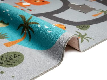 Дитячий килим Happy Life: Ігровий килим з мотивом доріг, джунглів, тварин та автомобілів, антиковзкий, легкий у догляді, 80x150 см (200x290 см, джунглі-сірий)