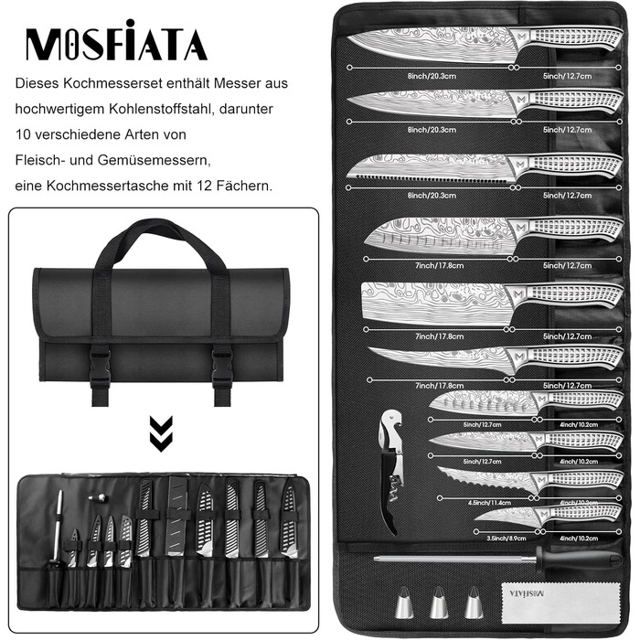 MOSFiATA 17-Piece Professional Knife Set with Titanium Coating - Stainless Steel Kitchen Knives, Chef's Knife Set with Finger Guards & Gift Box (Outdoor)