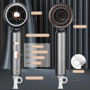 Іонізатор для волосся Haartrockner Ionen: потужний фен 2000W з 3 режимами нагріву та 2 швидкостями (сірий)