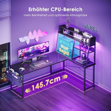 Ігровий стіл Coleshome L-подібний з LED підсвічуванням, 10 кольорів, полиці та кишені для зберігання, для дому та геймерів, чорний (150x100 см)