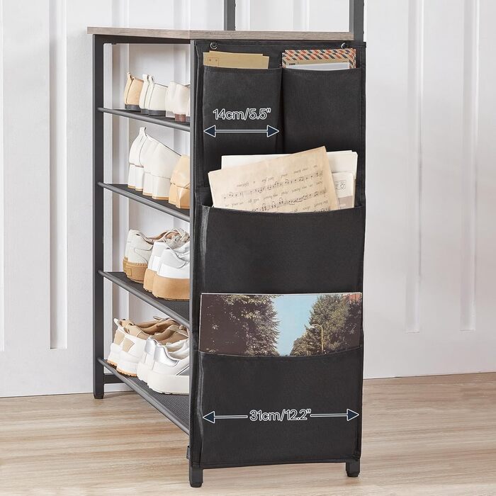 HOOBRO Coat Rack with Shoe Storage, Shoe Shelf with Coat Rack, Clothes Rack with 5-Tier Shoe Storage, Coat Rack with Shoe Cabinet, Adjustable Metal Grid Shelf, Greige EBG75MT01