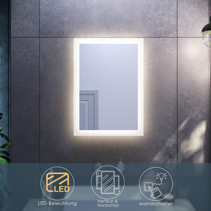 Дзеркало для ванної кімнати SONNI з LED-підсвічуванням 50x70 см, тепле біле світло, IP44, вертикальна/горизонтальна установка, білий