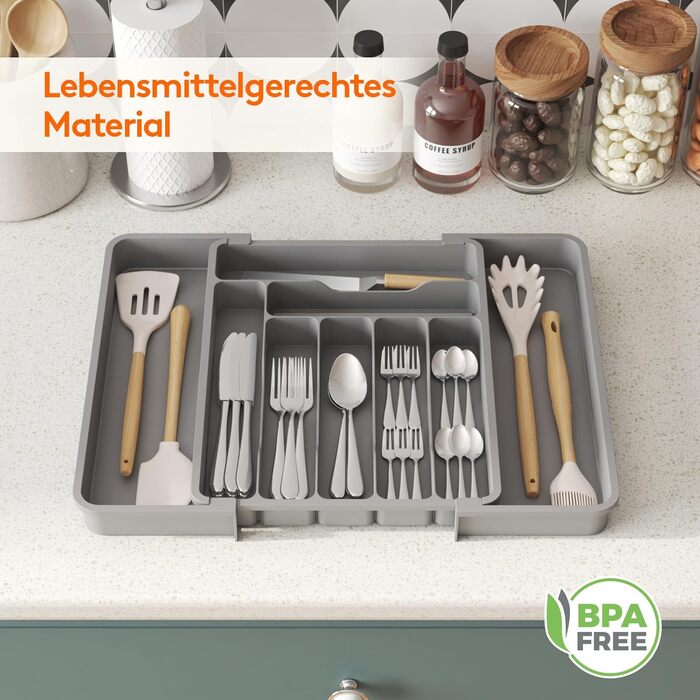 Органайзер для столових приборів Lifewit в шухляду, розсувний, пластиковий, 7-9 відділень, сірий, глибокий 38 см - великий розмір