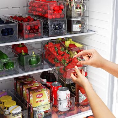 FINEW Refrigerator Organizer 8-Piece Set, Stackable Storage Boxes, Small Refrigerator Boxes with Handle, Transparent Containers for Kitchen, Cabinets, Freezer, Pantry - BPA Free