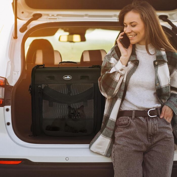 Складана переноска для котів Wakytu велика, 89x35x43 см, для 2 котів, 2-в-1 переноска та автокрісло, безпечна та провітрювана, підходить для подорожей, ветеринара, для маленьких собак та котів. Чорний колір.