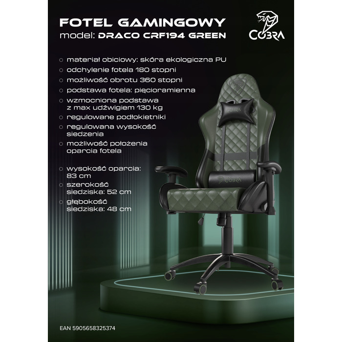 Ігрове крісло Cobra Draco CRF194 Green, штучна шкіра