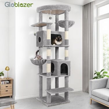 Драбина для котів Globlazer XXL, 188 см, з будиночком, платформами та кошиками. Стабільна, не перекидається, для великих котів, сірий