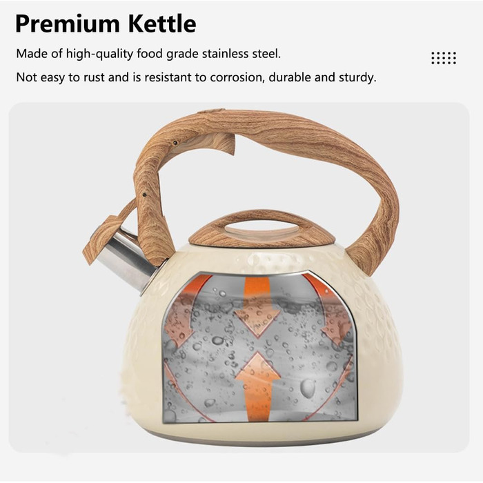 Чайник-свисток з нержавіючої сталі 3L, чайник для чаю та кави, сумісний з усіма плитами, білий