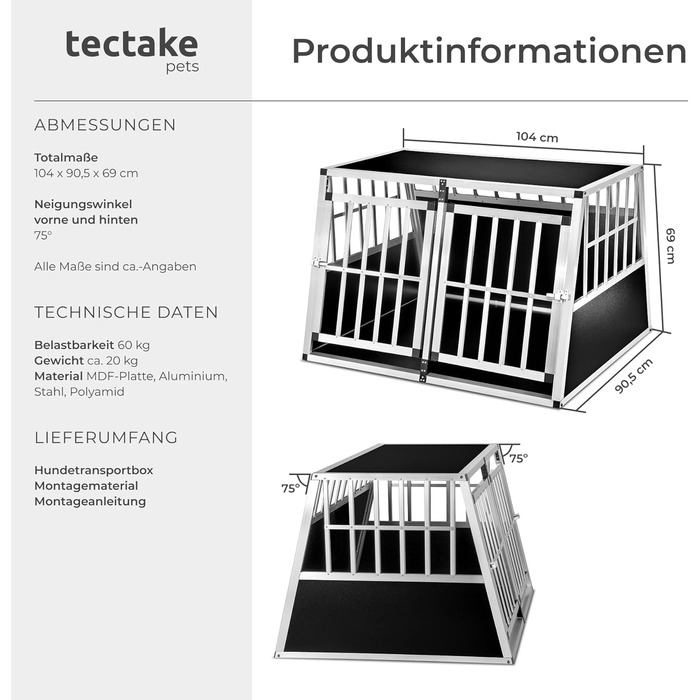 Транспортна переноска для собак tectake® Double XL - переноска для авто та дому, алюміній, 97 x 90 x 69,5 см
