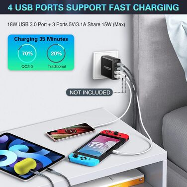 Зарядний пристрій USB 33W QC 3.0, 4 порти + 2 кабелі USB-C (2м/3м) для Samsung Galaxy, iPad Pro, LG, Sony - чорний/білий