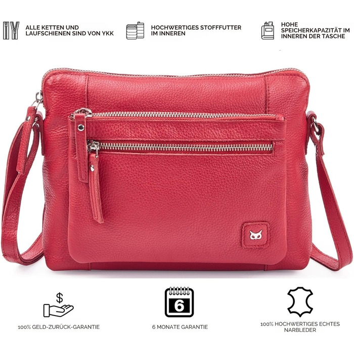 Сумка через плече Wise Owl з натуральної шкіри: жіноча та чоловіча, червона Nappa, 5 відділень на блискавці