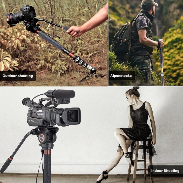 Штатив монопод Cayer з вуглецевого волокна, 172.7 см, телескопічний, для DSLR та відеокамер